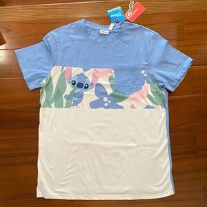 Disney Men Stitch Floral Plant Print Blue and White Men T-Shirts